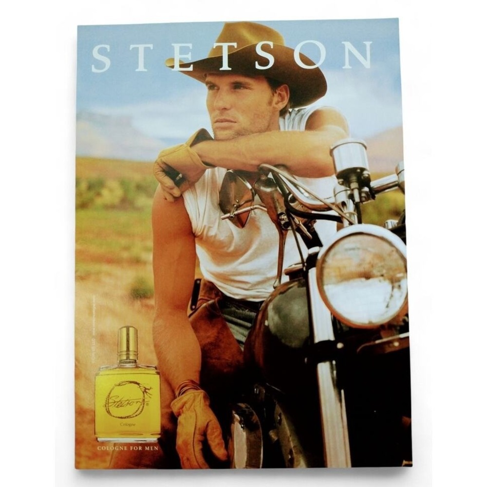 2001 Stetson Cologne Print Advert Page Y2K Sexy Muscular Cowboy Hat Motorcycle